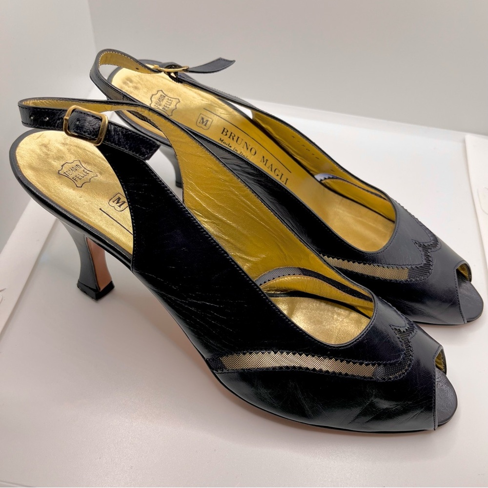 Vintage Bruno Magli Leather Mesh Peep Toe Slingback Heels Burlesque Black Gatsby